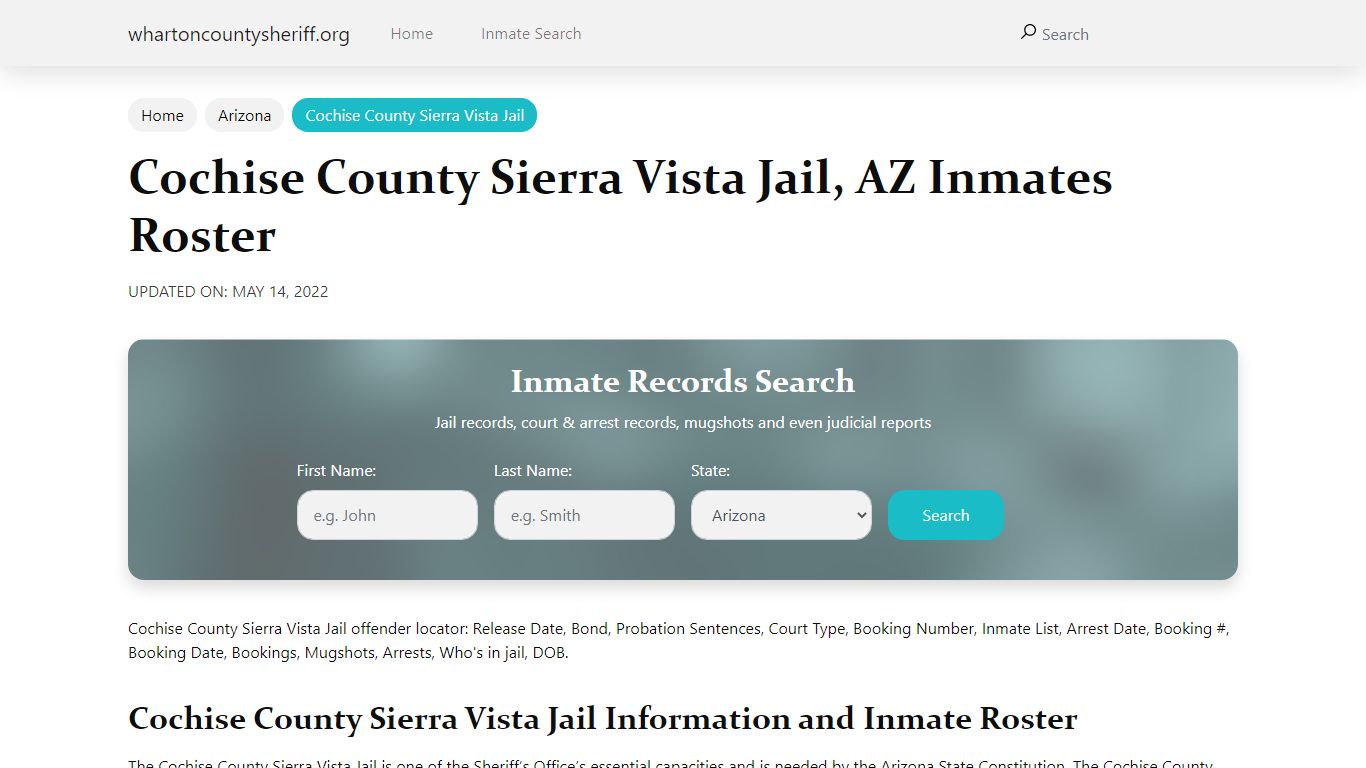 Cochise County Sierra Vista Jail, AZ Jail Roster, Name Search